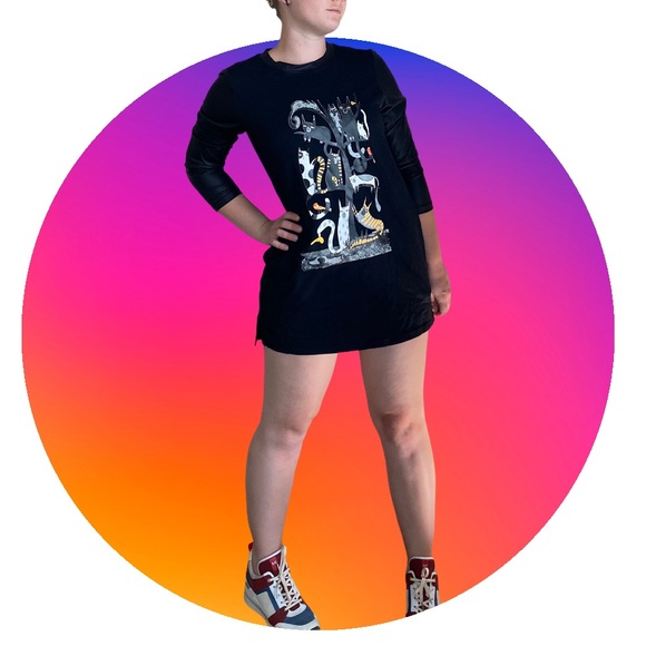 Miss Nikky Cat Artwork Tunic, Long Shirt, Mini Dress. Faux Leather 3/4 Sleeves - Picture 4 of 16